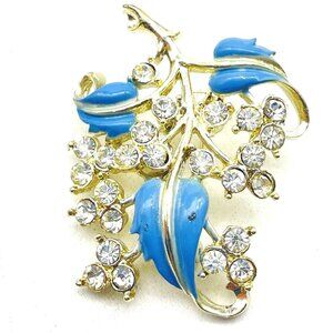 Vintage Leafy Branch Pin Blue Leaves Rhinestone Clusters Silver Tone Nature